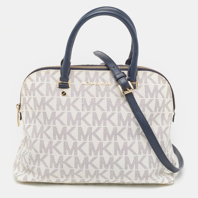 Michael Kors Navy Blue/White Signature Coated Canvas And Leather Large Cindy